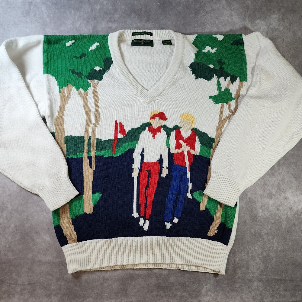 Embassy Row Vintage Golf Intarsia Sweater Large 100% Cotton V-Neck White Graphic